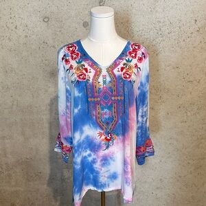Calecoas Embroidered Tie Dye Boho Tunic Top | Festival Top | Women’s Size M